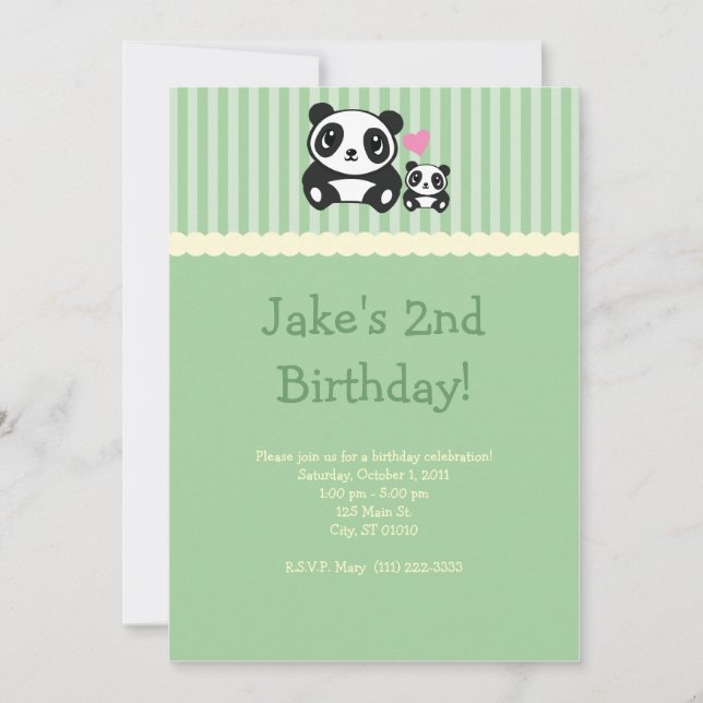 Invitación del fiesta de la panda - verde (Anverso)