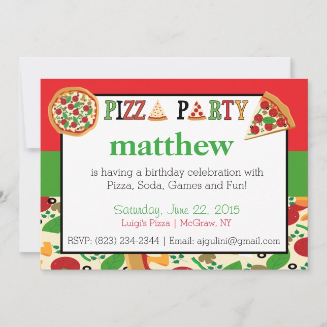 Invitación del fiesta de la pizza (Anverso)
