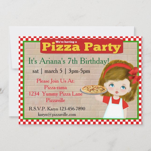 Invitación del fiesta de la pizza de los chicas (Anverso)