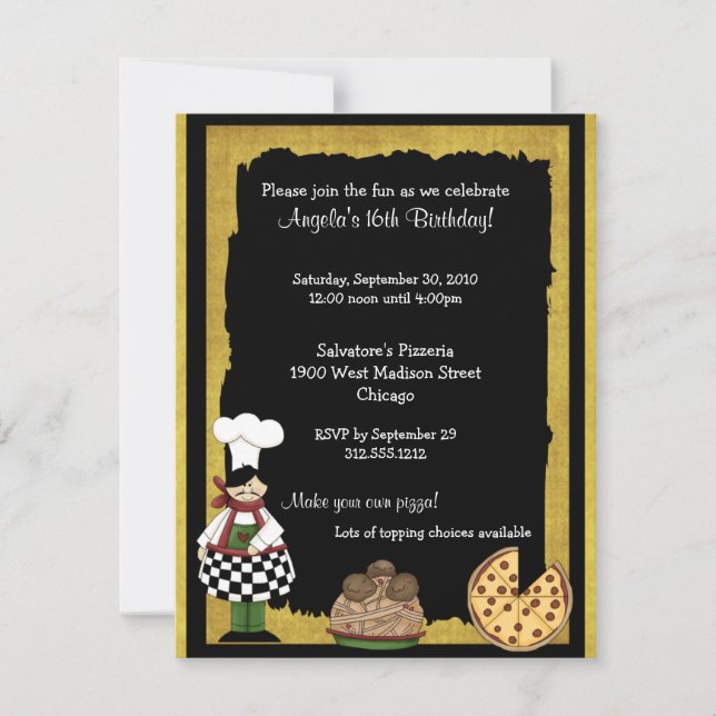 Invitación del fiesta de la pizza del dulce 16 (Anverso)