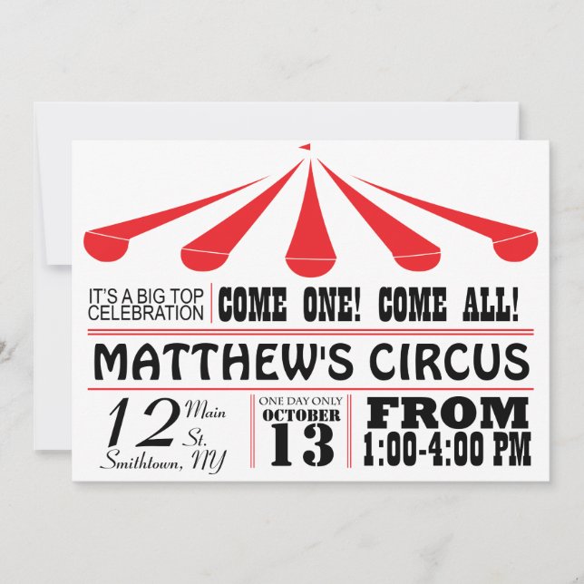 Invitación del fiesta de la tienda de circo (Anverso)