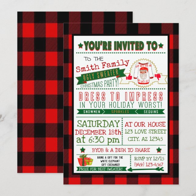 Invitación del Fiesta de Navidades de suéter feo y (Anverso / Reverso)