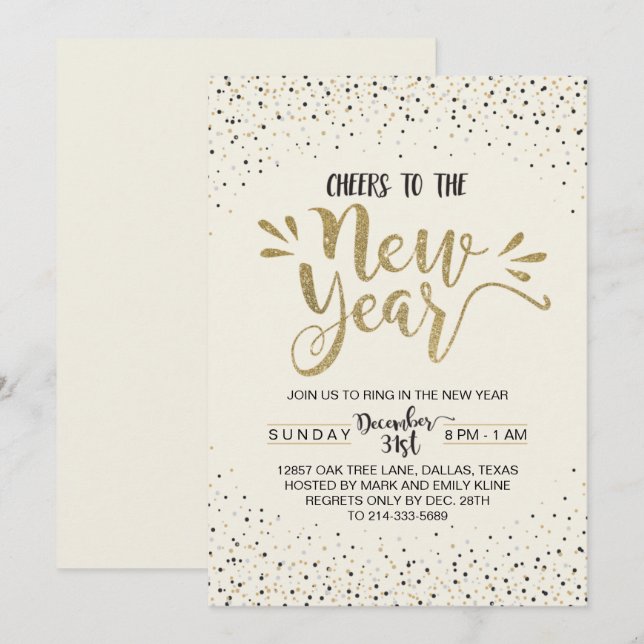 Invitación del fiesta de Noche Vieja del confeti (Anverso / Reverso)