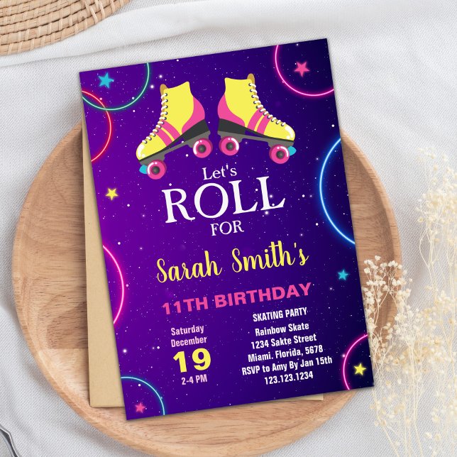 Invitación del Fiesta de patinaje sobre patines am (Yellow Pink Skating Birthday Invitations)