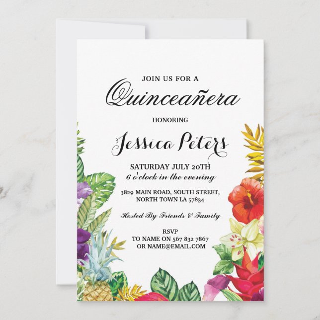Invitación del Fiesta de Quinceañera Aloha Tropica (Anverso)