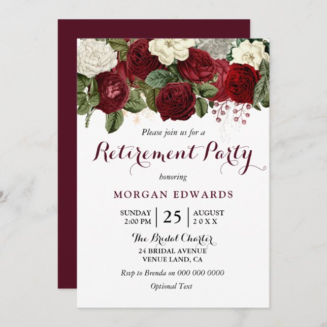 Invitación del Fiesta de retiro floral blanco rojo (Anverso / Reverso)