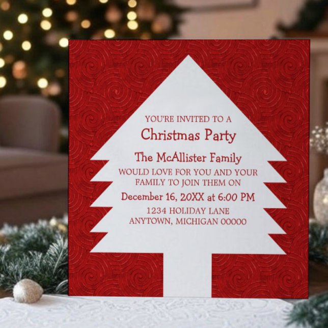 Invitación del Fiesta de Swirls Red Christmas Tree (Red Christmas Tree Swirls Party Invitation)