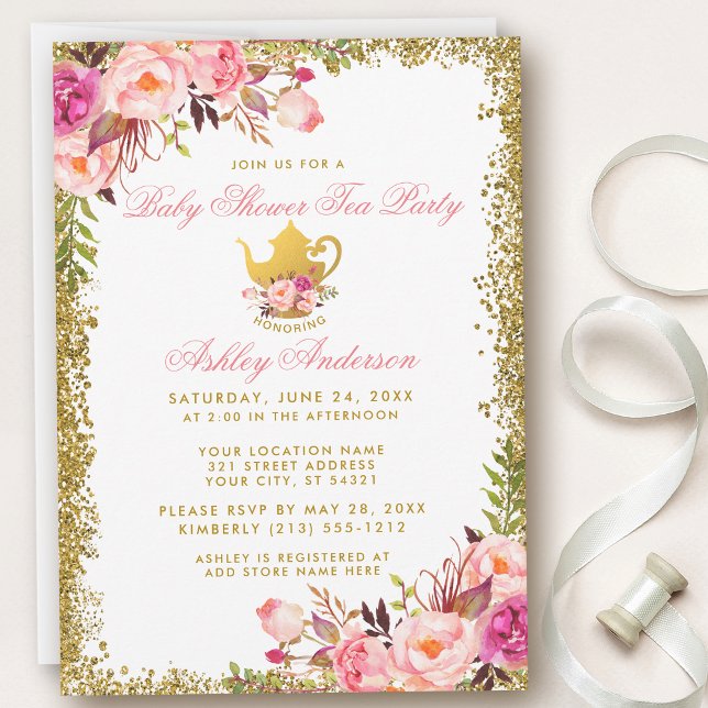 Invitación del Fiesta de té Baby Shower Floral Gol (Customize to change text color.)