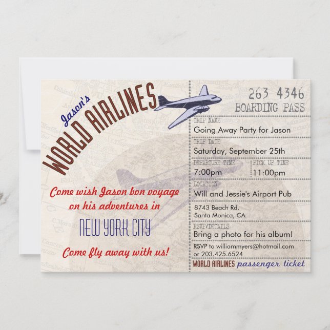 Invitación del fiesta del buen viaje del billete (Anverso)