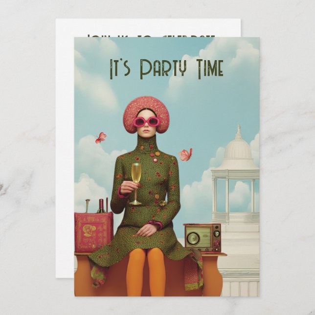 Invitación del Fiesta del Chica de Mod Retro Surre (Anverso / Reverso)