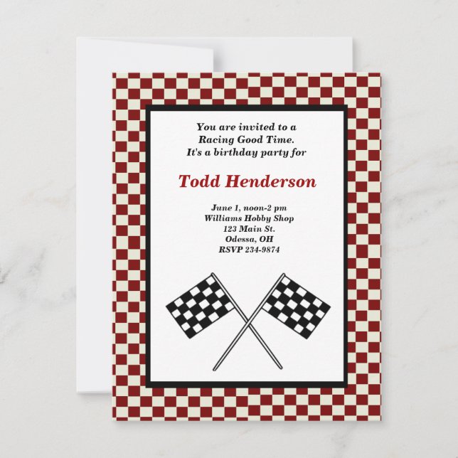 Invitación del fiesta del coche de carreras (Anverso)