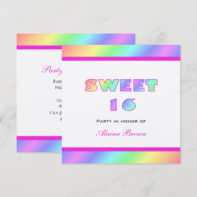Invitación del fiesta del dulce 16 del arco iris (Anverso / Reverso)
