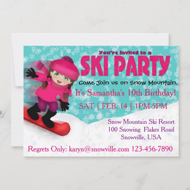 Invitación del fiesta del esquí de los chicas (Anverso)