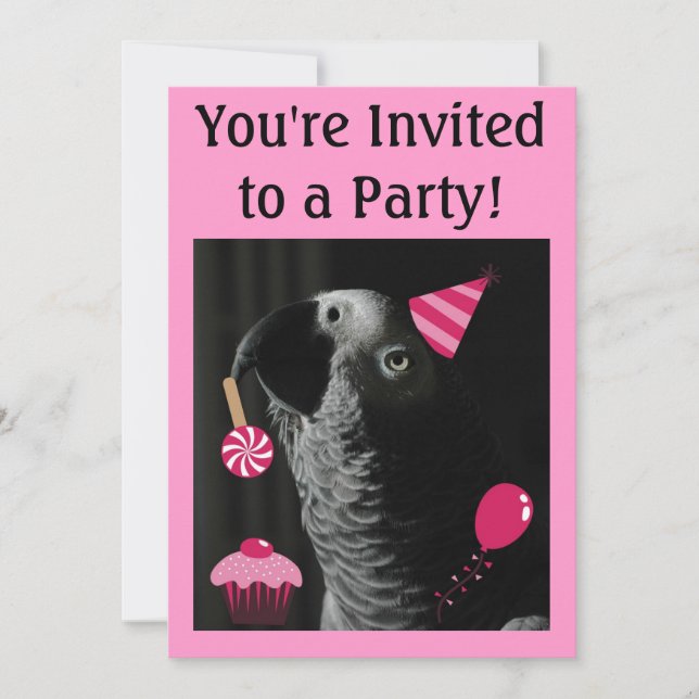 Invitación del fiesta del loro del gris africano (Anverso)