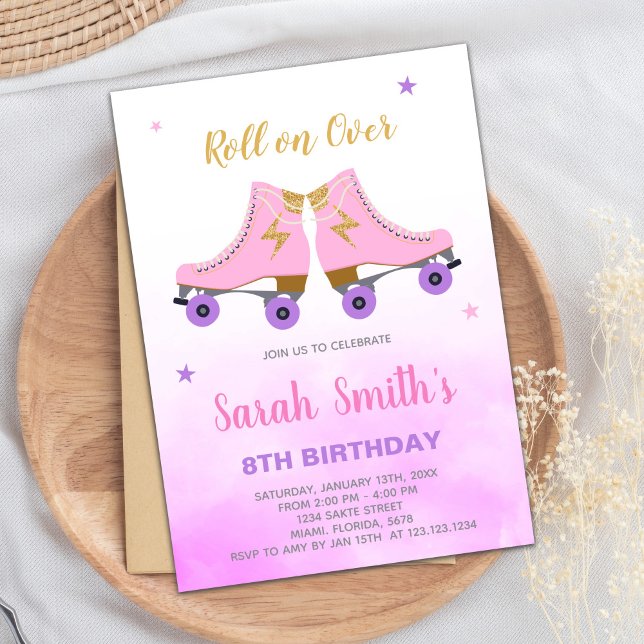 Invitación del Fiesta del patinaje sobre patines e (Pink Glitter Skating Birthday Invitations)