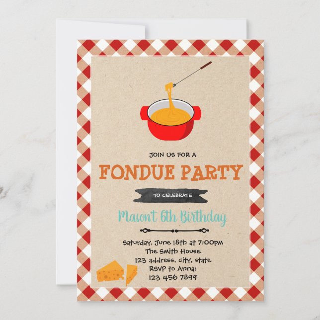 Invitación del fiesta del queso de la "fondue" (Anverso)