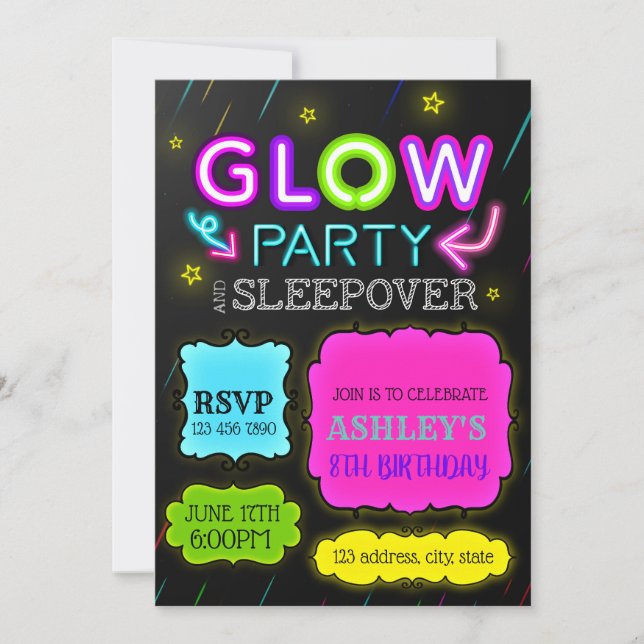 Invitación del fiesta del sleepover del resplandor (Anverso)