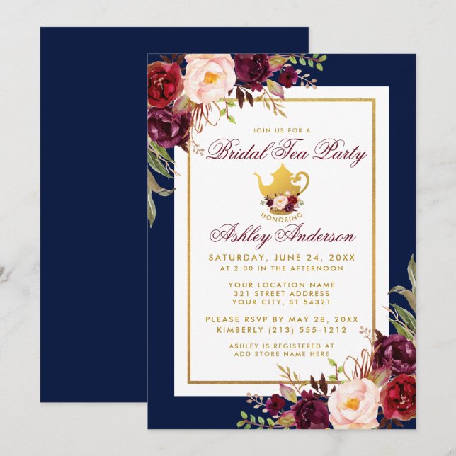 Invitación del Fiesta del té de novia floral de bo (Anverso / Reverso)