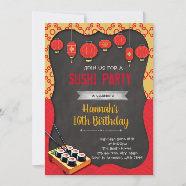 Invitación del fiesta del tema del sushi (Anverso)