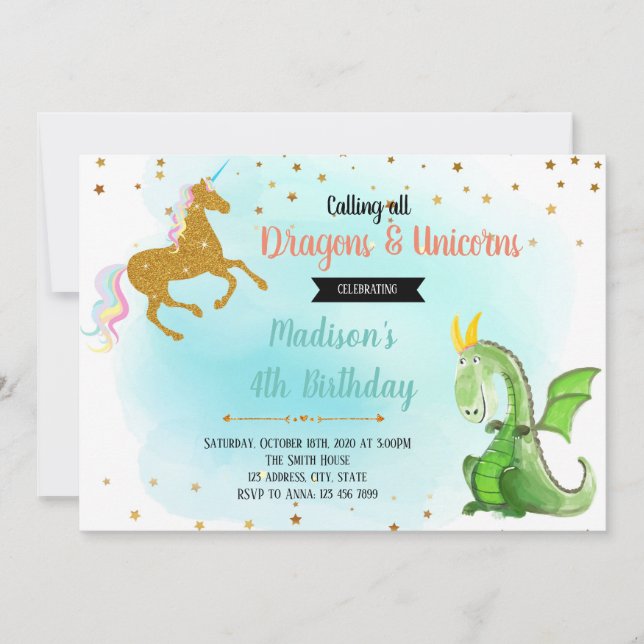 Invitación del fiesta del unicornio del dragón (Anverso)