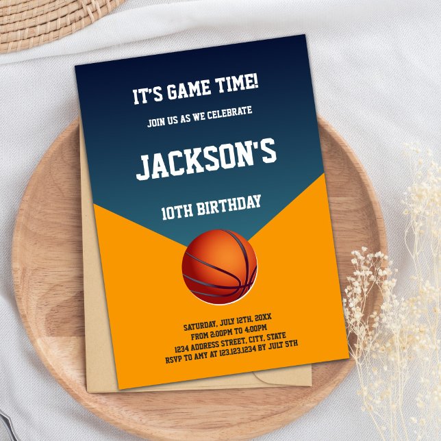 Invitación del Fiesta deportivo Slam Dunk de Niños (Green Orange Basketball Invitations)