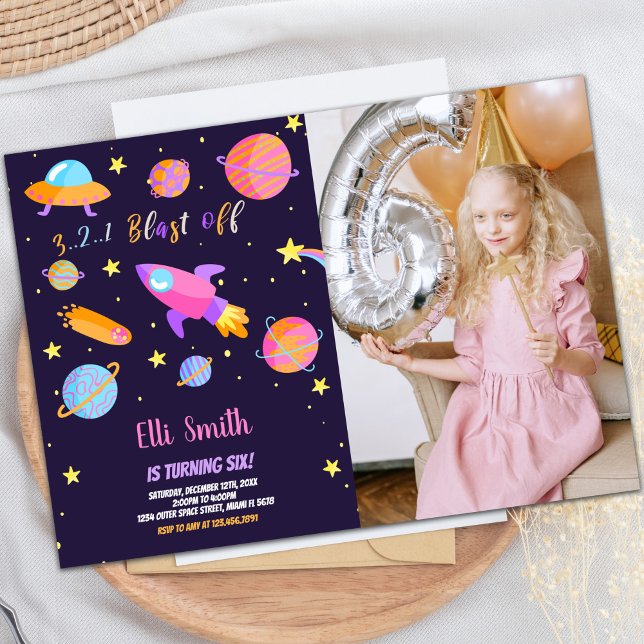 Invitación del Fiesta espacial personalizado Kids (Rocket Outer Space Birthday Invitations with photo)