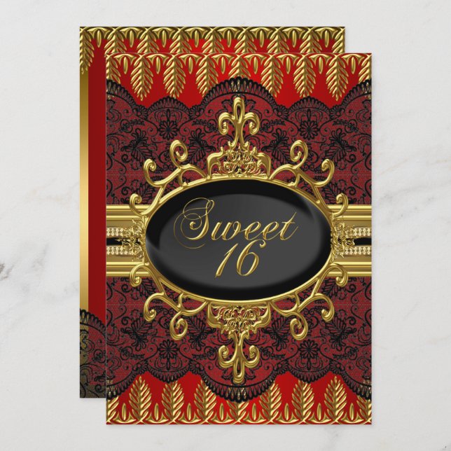 Invitación del Fiesta Gold Red Leaf Lace Sweet 16 (Anverso / Reverso)