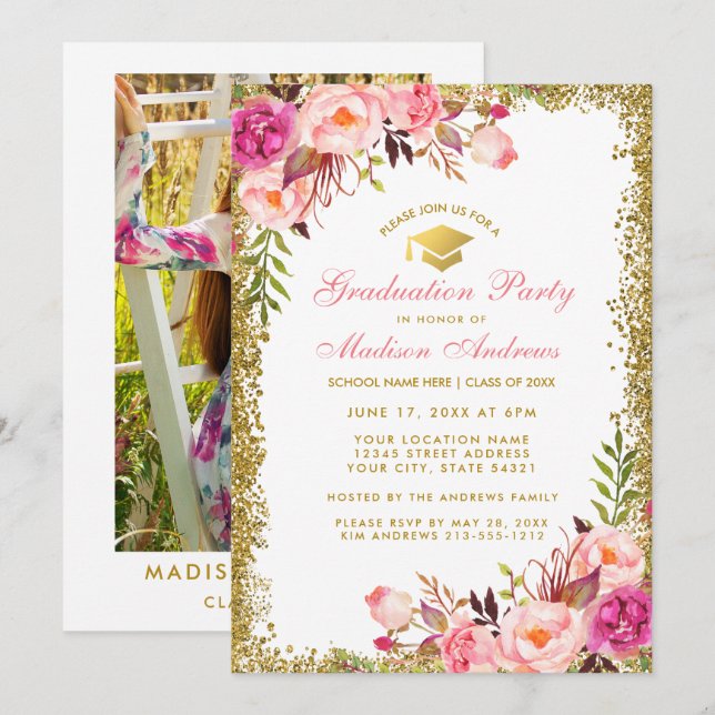 Invitación del Fiesta Grad Purpurina de Oro Rosa - (Anverso / Reverso)