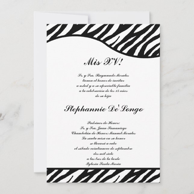 Invitación del Fiesta Quinceanera de cebra blanca  (Anverso)