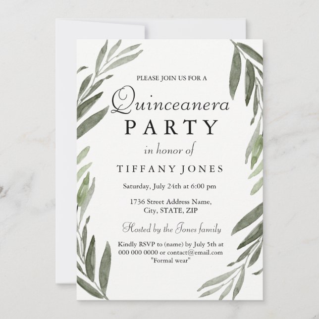 Invitación del Fiesta Quinceanera de hojas verdes  (Anverso)