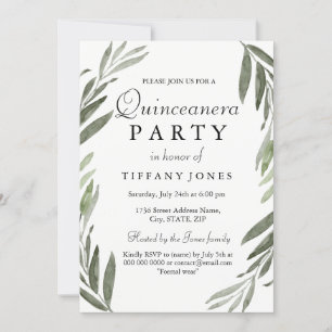 Invitación del Fiesta Quinceanera de hojas verdes