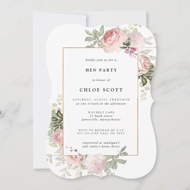 Invitación del Fiesta Rubor Pink Rose Floral Hen (Anverso)