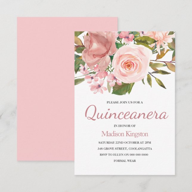 Invitación del Fiesta Rubor Pink Rose Gold Quincea (Anverso / Reverso)