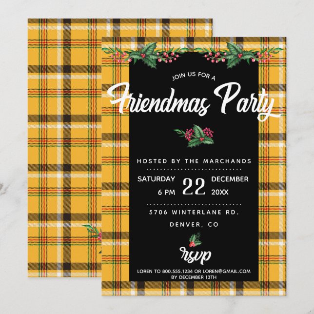 Invitación del Fiesta Tartán Amarillo Plaid Friend (Anverso / Reverso)