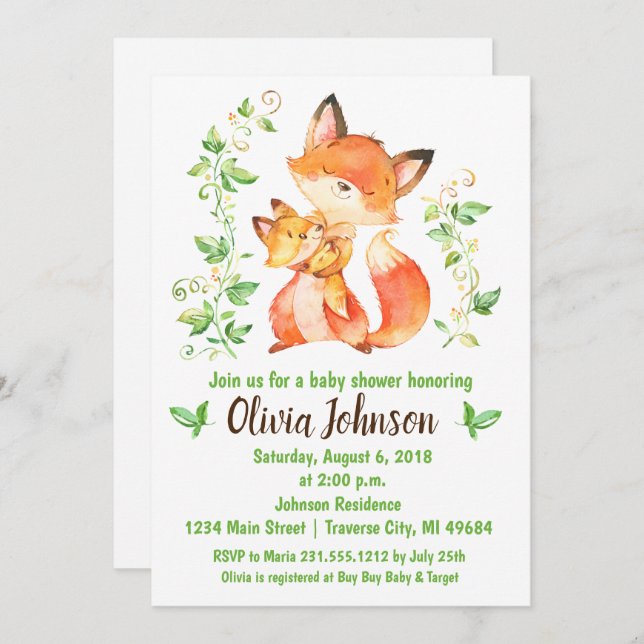 Invitación del Fox Baby Shower del arbolado (Anverso / Reverso)