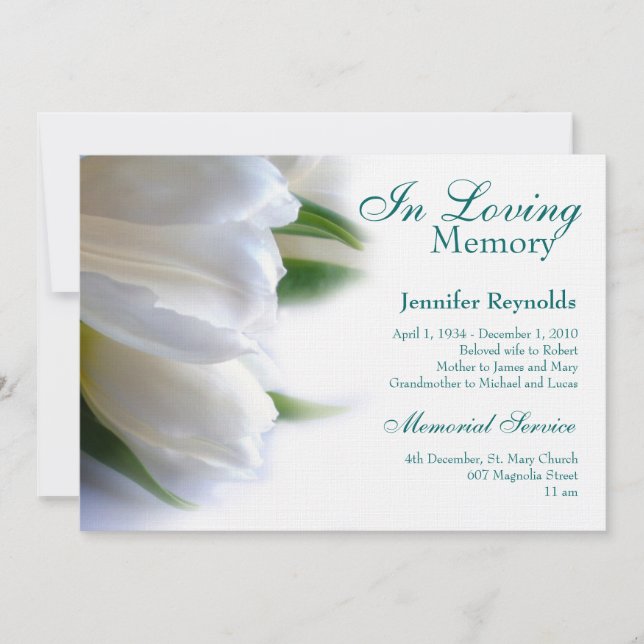 Invitación del funeral conmemorativo floral blanco (Anverso)