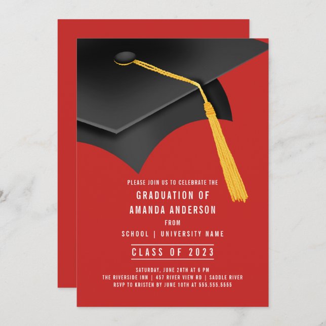 Invitación del Grad Cap Red Graduation Party (Anverso / Reverso)
