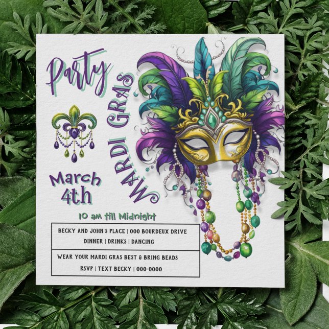 Invitación del Mardi Gras y Fleur Des Lis Fiesta f (Festive Mardi Gras Mask with feathers, beads and fleur des lis party invitations )