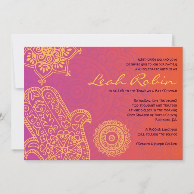 Invitación del Naranja rojo Bat Mitzvah de HAMSA (Anverso)