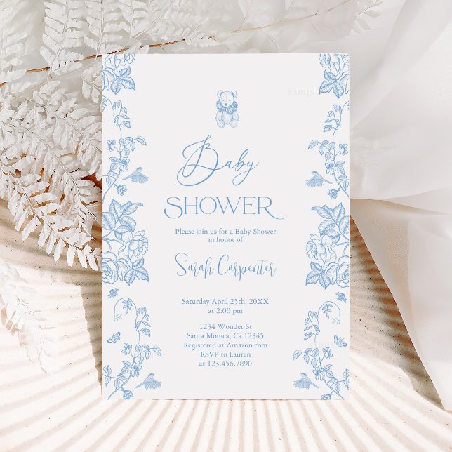 Invitación del niño Baby Shower Bear Blue Toile (Subido por el creador)