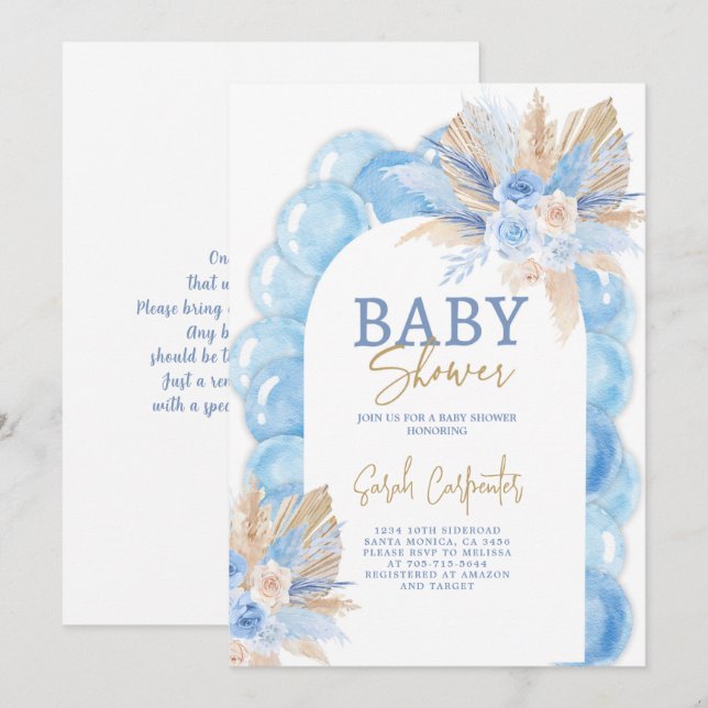 Invitación del niño Baby Shower Boho Arch Azul (Anverso / Reverso)