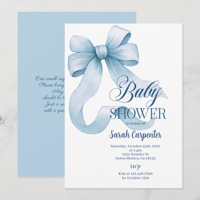 Invitación del niño Baby Shower Bow azul (Anverso / Reverso)