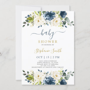 Invitación del niño Baby Shower con flores de Navy