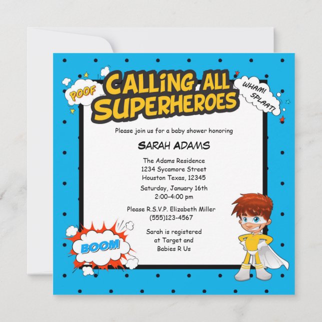 Invitación del niño Baby Shower Super Hero de hist (Reverso)
