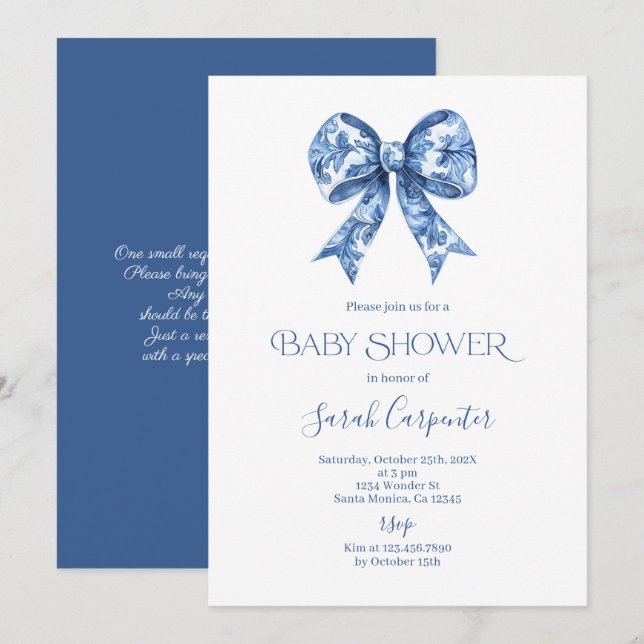 Invitación del niño de Baby Shower Blue Bow Toile (Anverso / Reverso)