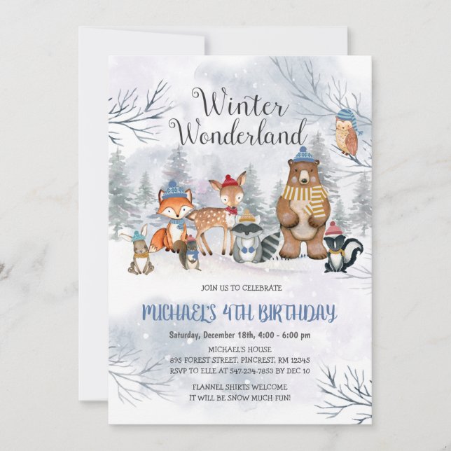 Invitación del niño de cumpleaños Woodland Winter  (Anverso)