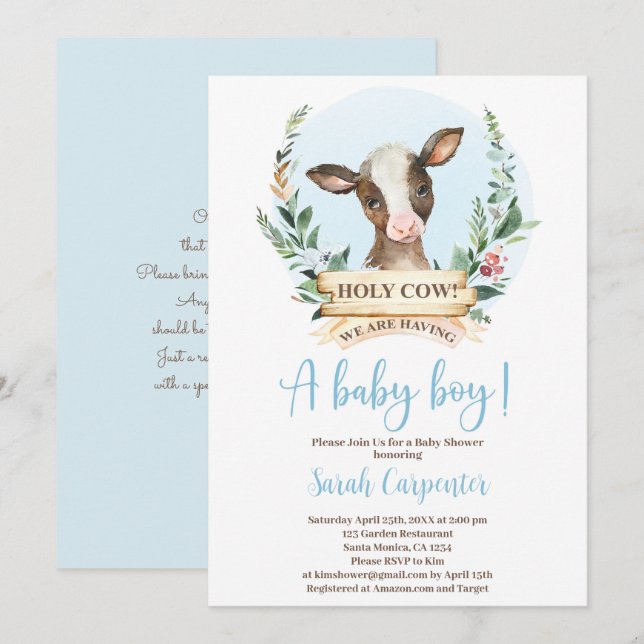 Invitación del niño de Holy Cow Baby Shower (Anverso / Reverso)