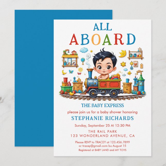 Invitación del niño del Baby Shower del tren azul  (Anverso / Reverso)
