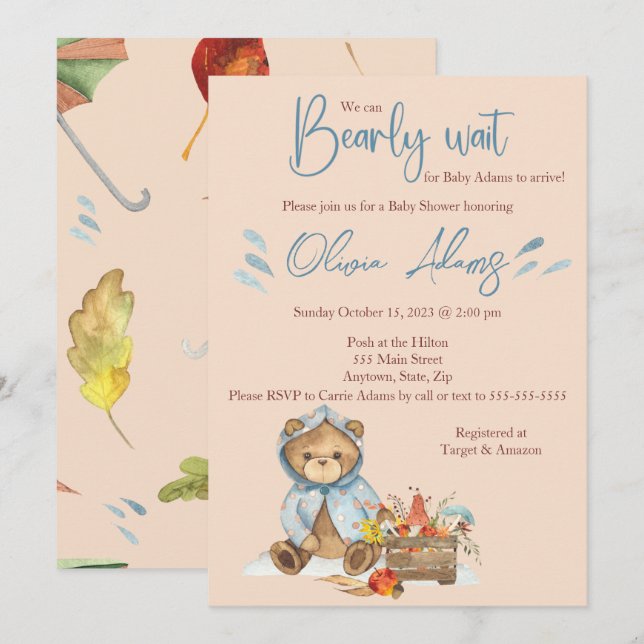 Invitación del Oso de Oro de Otoño a Baby Shower,  (Anverso / Reverso)