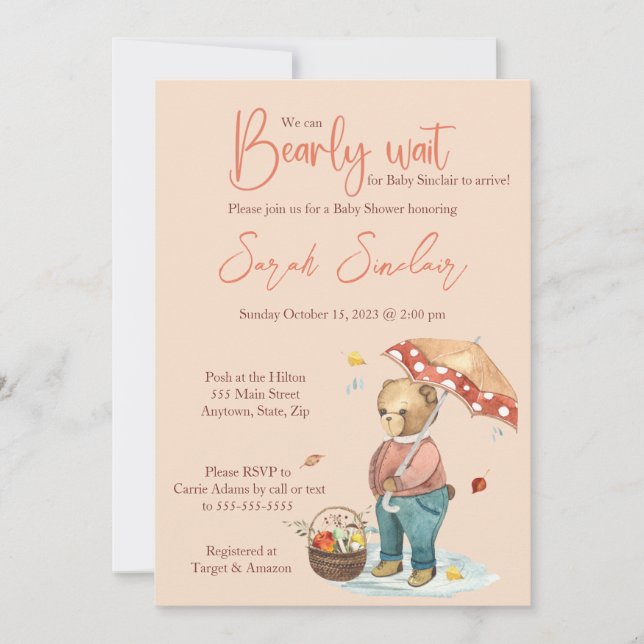 Invitación del Oso de Otoño a Baby Shower, oso de  (Anverso)